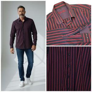 Visconti Black Navy Red Stripe Contrast Trim Button Down Long Sleeve Shirt Sz‎ L